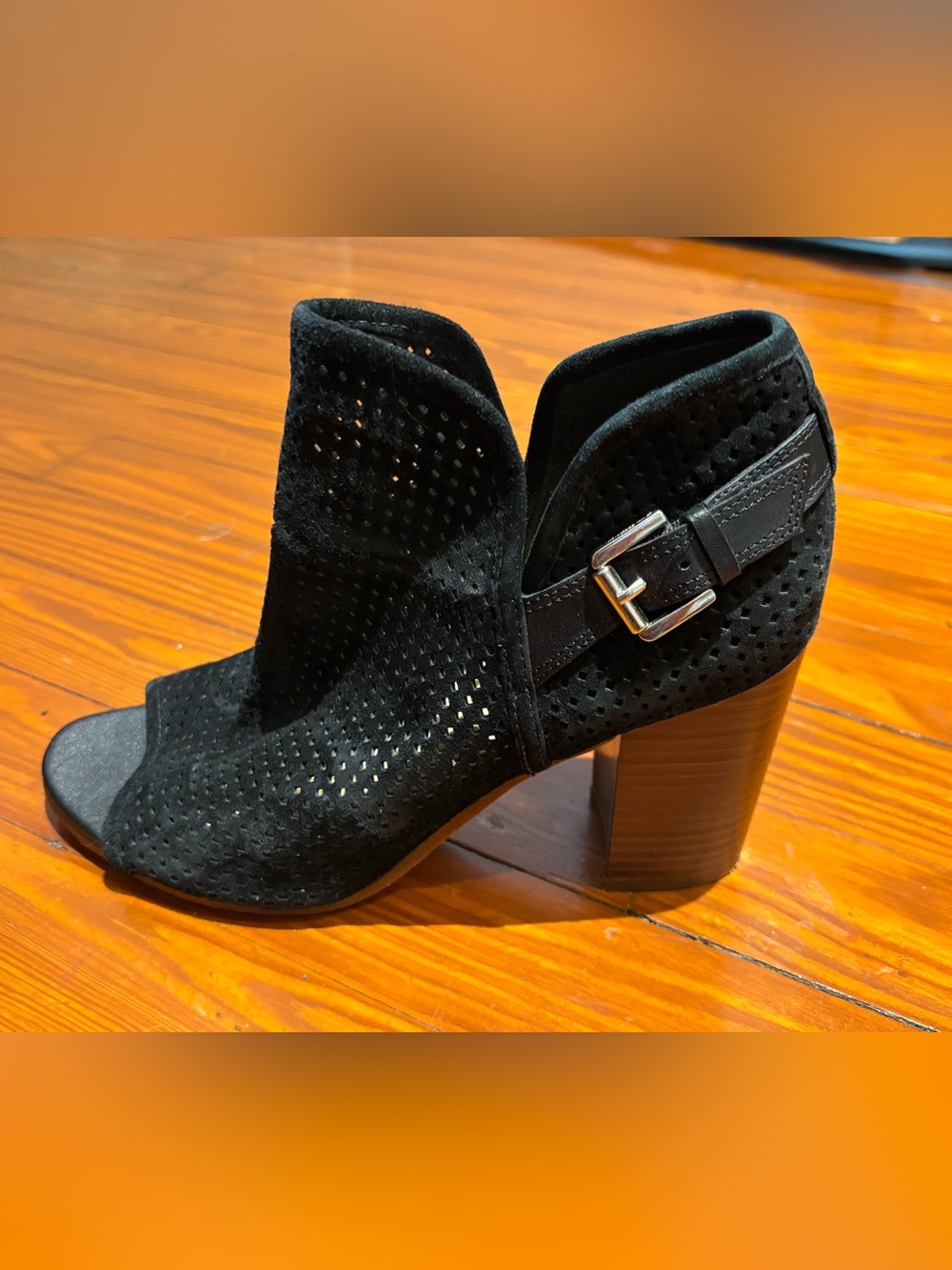 Sam Edelman Black Perforated Peep-Toe Block Heel Bootie with 3 1/2” heel.